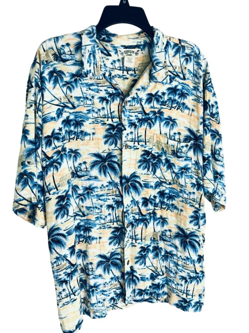 Hawaiian Tropic Shirt Mens XL Button Up Blue Palm Trees Short Sleeve Pocket Top